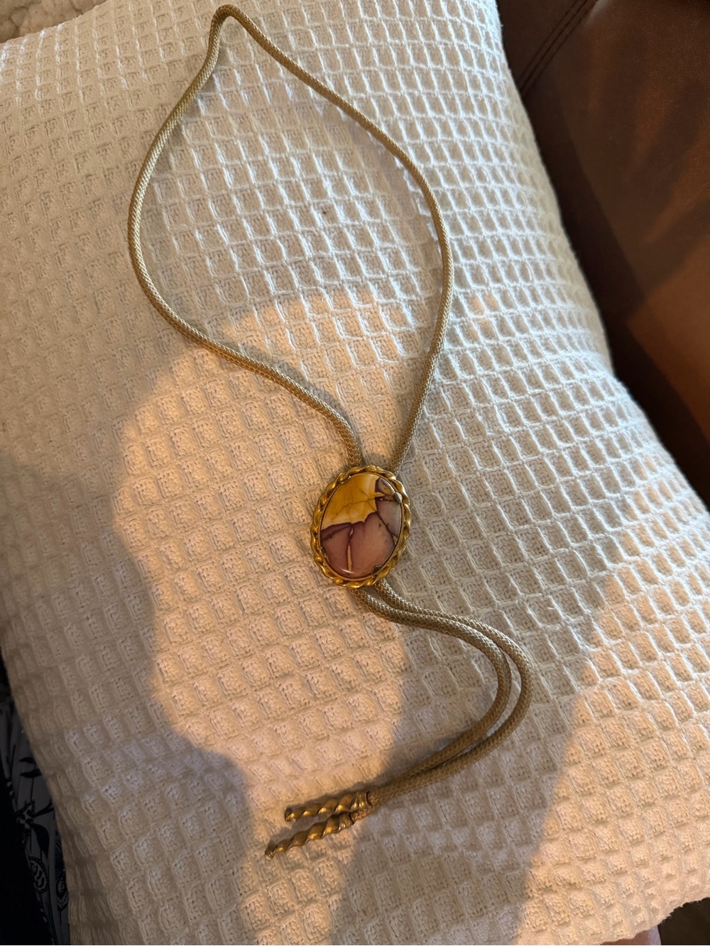 Gold-Tone Bolo Tie with Pink and Yellow Stone Slide